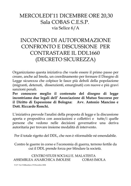 INCONTRO DI AUTOFORMAZIONE CONFRONTO E DISCUSSIONE PER CONTRASTARE IL DDL1660 (DECRETO SICUREZZA)