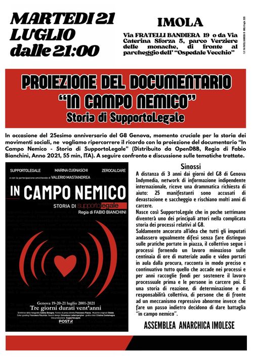 PROIEZIONE DEL DOCUMENTARIO "In Campo Nemico - Storia di SupportoLegale"