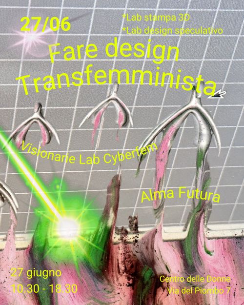 clitoridi che volano in uno spazio 3D immaginario, locandina dell'evento del 27 giugno per stampa 3d e design speculativo transfemminista