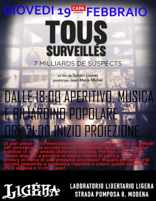 Aperitivo e proiezione di TOUS SURVEILLES e discussione