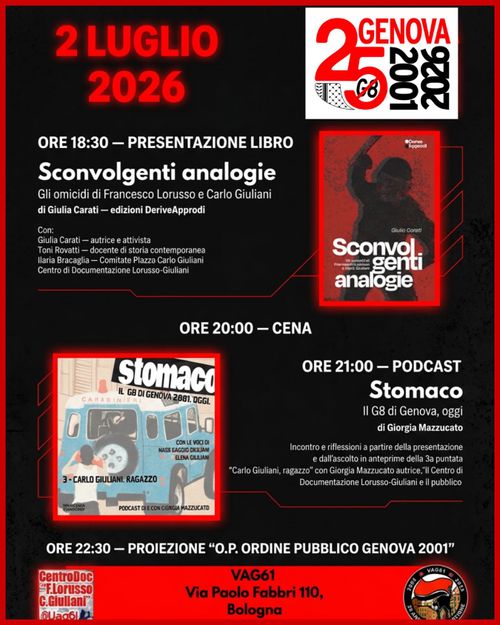 Genova 2001 - 2026 | Presentazione "Sconvolgenti analogie", "Stomaco", "O.P. Ordine Pubblico