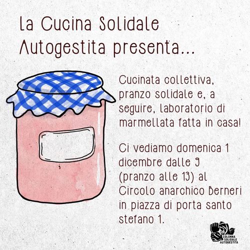 DOMENICA 1 DICEMBRE VIENI ALLA CUCINA SOLIDALE AUTOGESTITA!