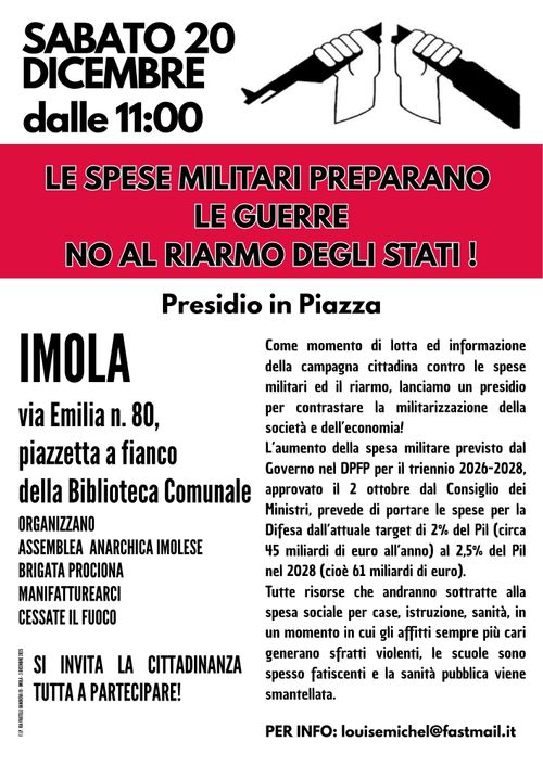 Presidio del 20/12/2025 - LE SPESE MILITARI PREPARANO LE GUERRE- PRESIDIO 6 DICEMBRE 2025 ad IMOLA